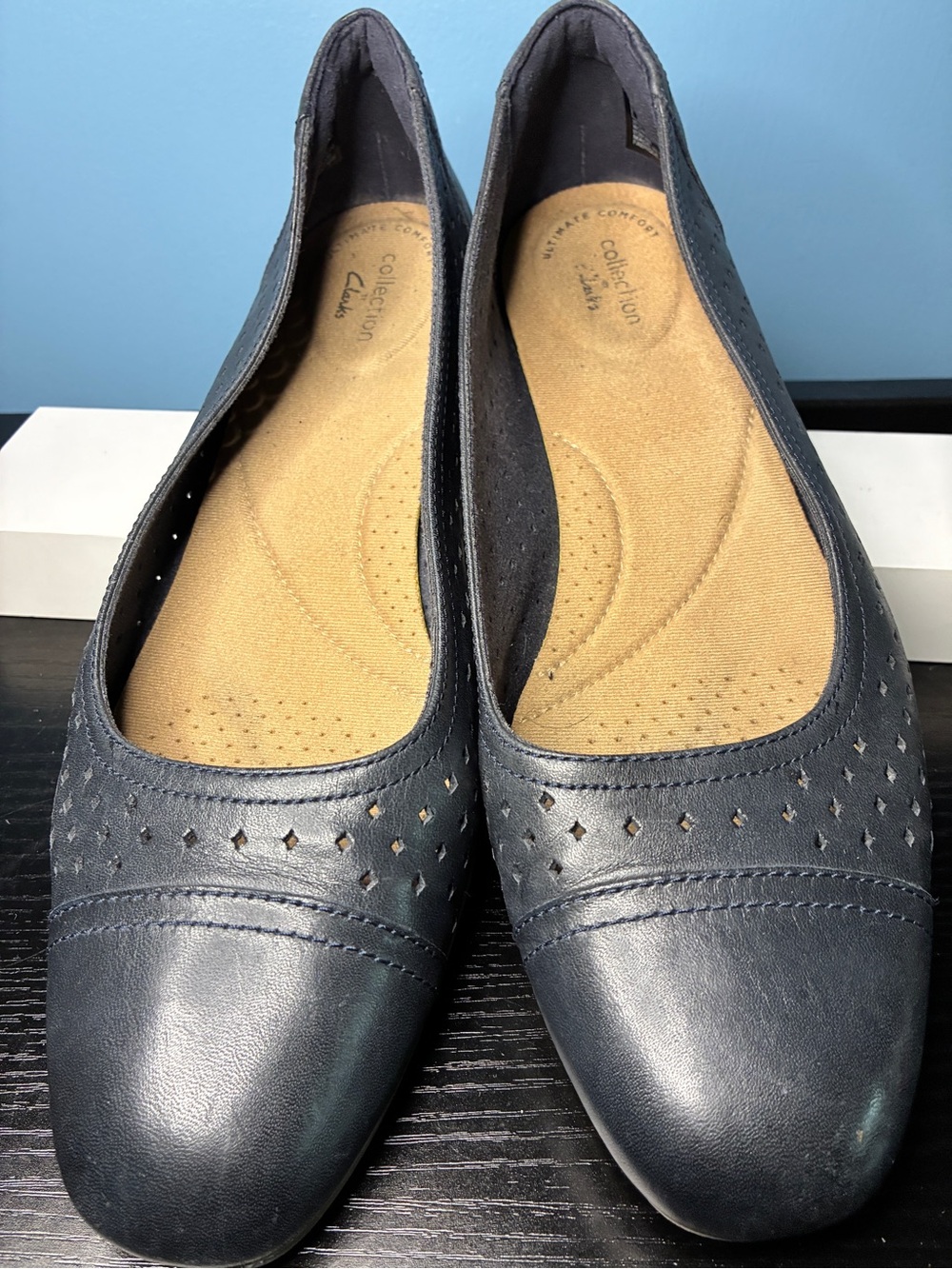 Clarks Navy Perforated Leather Slip-On Flats